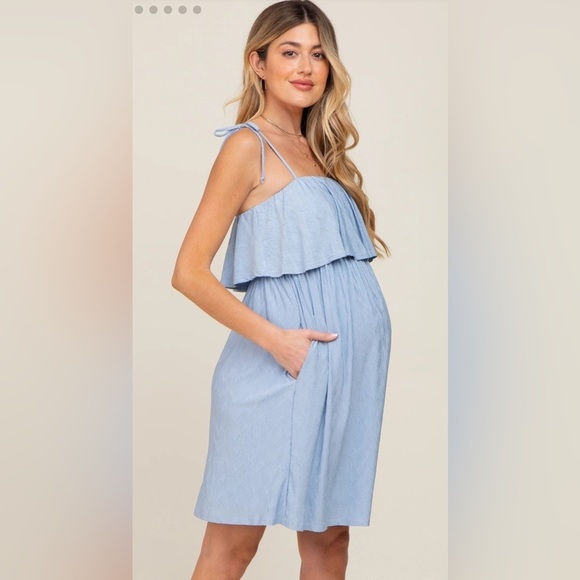 Maternity Light Blue Ruffle Overlay Shoulder Tie Dress - Picture 3 of 4